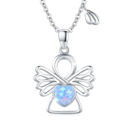 OHAYOO Schutzengel Kette Silber 925 Opal Engel Anhänger Halskette Schutzengel Opal Schmuck Engelsrufer Geschenke für Mädchen Frauen (Blau)