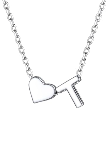 ChicSilver Silber Kette für Damen, Buchstabe Kette mit Herz, Kleine Herz Halskette mit Letter T Anhänger, Modeschmuck für Valentinstag Geburtstag