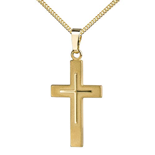 JEVELION Kreuz-Anhänger mit Kette für Damen, Herren und Kinder als Ketten-Anhänger 585 Gold 14 Karat Kreuz in Kreuz teilmattiert mit Schmuck-Etui