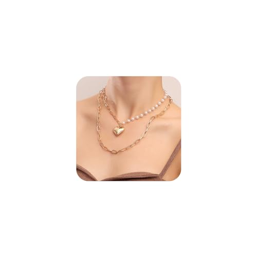 Yienate Boho Geschichtet Perle Choker Halskette Kette Vintage Gold Herz Anhänger Kubanische Kette Halskette Rock Aussage Perle Herz Halskette Asymmetrische Perle Strang Halskette Schmuck Für Frauen