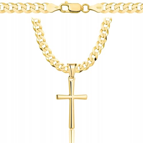 Amor Luxury goldkette herren mit kreuz 585, Kette Herren 925/585 - kreuz kette herren gold 585 massiv - 5 mm, Kreuz Kette 50 cm - Goldkette Kreuzkette - Halskette Herren Panzerung