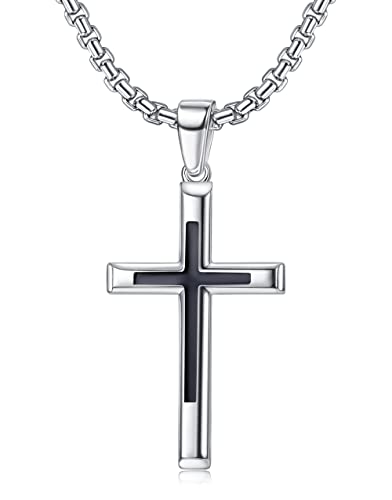 JeweBella Kreuz Kette Herren Damen 925 Sterling Silber Schwarz Kreuz Anhänger mit 3MM Breit Edelstahl Venezianerkette Kreuz Halskette Herren Schmuck Geschenk Kette Länge 41-66CM