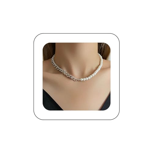 Yienate Pearl Strang Halskette Choker Silber Kubanische Kette Asymmetrische Perlenkette Vintage Klobige Gliederkette Barock Faux Perle Choker Angabe Perlen Charme Halskette Schmuck Für Frauen Mädchen