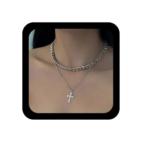 Yienate Punk Geschichtetes Kreuz Halskette Choker Gothic Klobige Kubanische Kette Choker Kreuz Kruzifix Anhänger Halskette Silberton Religiösen Kreuz Anhänger Halskette Charme Schmuck Für Frauen