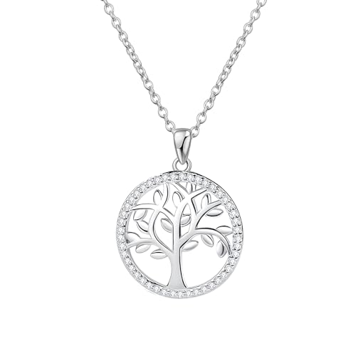 Hinvan 925 Sterling Silber Kette Lebensbaum Halskette Silber Damen Zirkonia 925 Silber Halskette Baum Des Lebens Silber Kette mit Anhänger Verstellbar 40+5cm Kette für Damen Frauen Mädchen