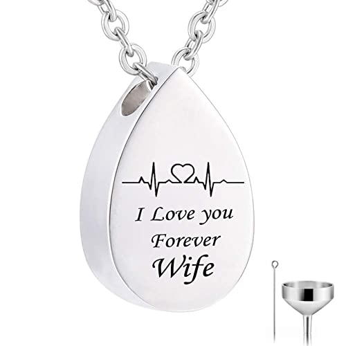 Daesar Urnen Anhänger Halskette Edelstahl, Silber Kette 60CM Damen Tropfen Dog Tag mit Gravur I Love You Forever Wife