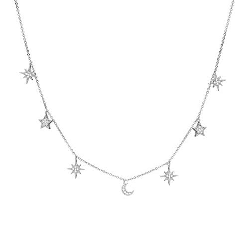 Brandlinger ® Atelier Silberkette Damen aus vergoldetem 925 Sterling Silber mit Mond und Stern Anhängern. Halskette mit Länge 40 cm + 5 cm Verlängerung