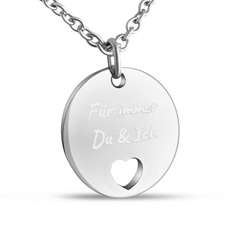 Hanessa Personalisierte Kette mit Gravur Edelstahl 50 cm mit Anhänger Herz rund in silber - Personalisierte Halskette für Männer und Frauen - Personalisierter Schmuck Damen Herren