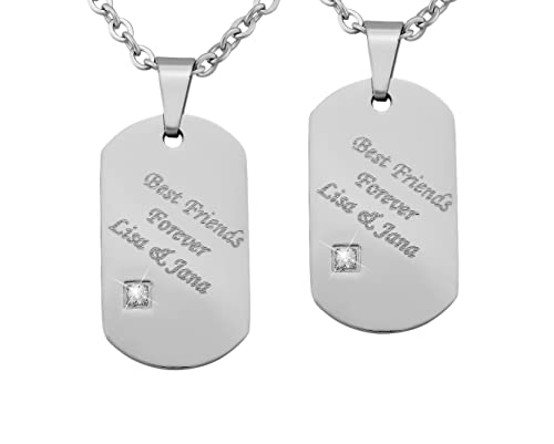 Hanessa 2 Stück Personalisierte Kette mit Gravur Edelstahl 50 cm mit Anhänger Dog Tag mit Strass-Stein in silber - Personalisierte Geschenke Damen Herren Freundin Freund - Partner Halskette Sie Ihn