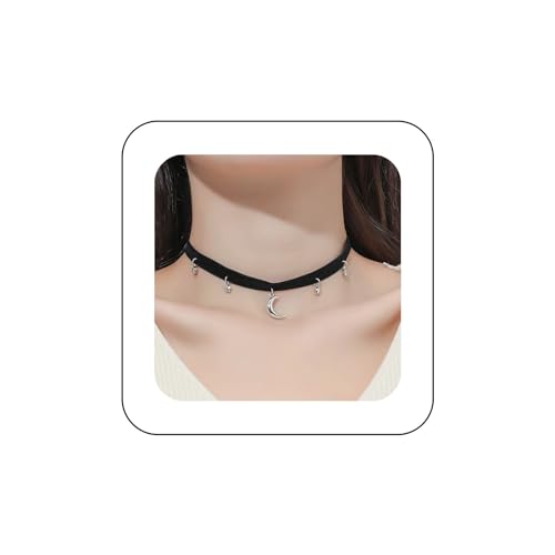 Yienate Punk Schwarzer Samt Choker Halskette Vintage Silber Winzigen Mond Sterne Anhänger Halskette Wildleder Seil Kette Choker Gothic Erklärung Stern Mondsichel Halskette Charme Schmuck Für Frauen