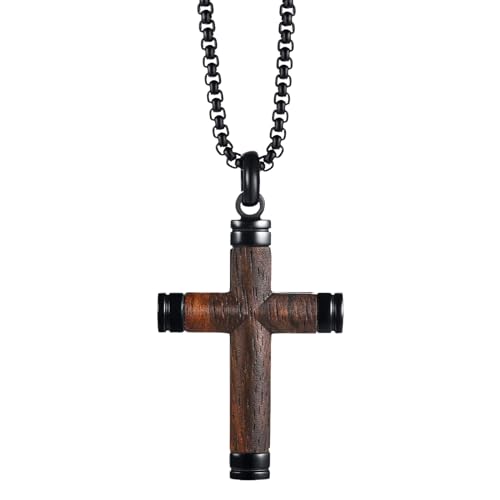 JewelryWe Holz Kreuz Halskette Herren: Klassische Christliche Holzkreuz Kreuz Edelstahl Anhänger mit 22 Zoll Kette Religiöse Schmuck Geschenk für Männer Schwarz