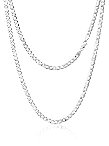 AKA Gioielli® - Damen Herren Kette 925 Sterling Silber Rhodiniert - 4.3mm Flache Panzerkette Diamantiert - Länge: 55 cm