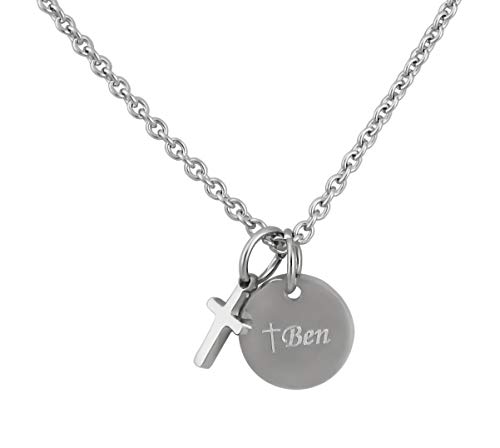 Hanessa Personalisierte Kette mit Gravur Edelstahl 50 cm mit Anhänger Kreuz rund in silber - Personalisierte Halskette für Männer und Frauen - Personalisierter Schmuck Damen Herren