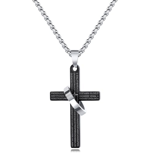 CyxenNova Kreuz Kette Herren Halskette Herren mit Ring und Kette, Edelstahl Silberkette mit Anhänger, Königskette Silber Herren, Kruzifix mit Schriftzug, Schmuck Herren Geschenke