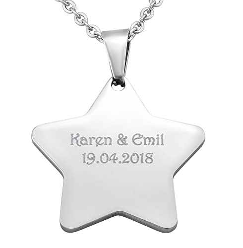 Hanessa Personalisierte Kette mit Gravur Edelstahl 50 cm mit Anhänger Stern in silber - Personalisierte Geschenke für Kinder und Erwachsene - Halskette Damen Herren Mädchen Jungen