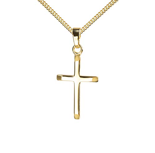 JEVELION Anhänger-Kreuz Goldkreuz für Damen, Herren und Kinder mit abgeflachten Kanten als Kettenanhänger 585 Gold 14 Karat mit Panzer-Kette vergoldet + Schmuck-Etui