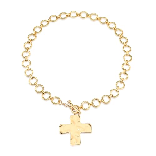 GlamRays Kreuz Halskette Statement Gold Kreuz Anhängerhalskette Geprägte Eindrucksvoller Dicke Kette Gold-Statement-Anhängerhalskette Vintage-Kette-Anhänger-Schmuck