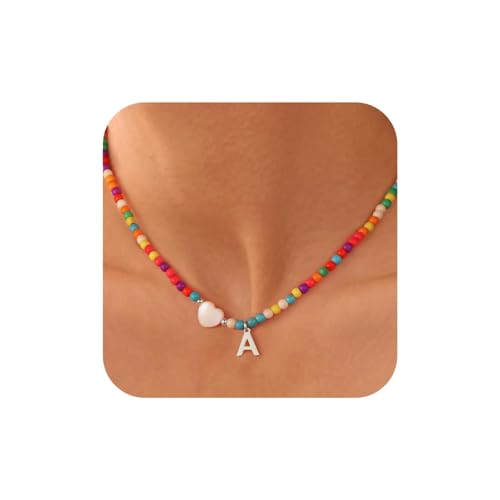 TINGN Bunte Perlenkette, Boho Schmuck, Silber Kette Mädchen, Halskette Mädchen, Schmuck Mädchen, Geschenke für Mädchen, Teenager Mädchen Geschenke, Kette mit A Buchstaben