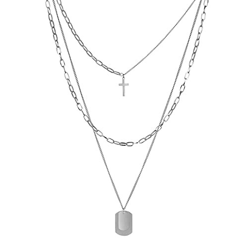 JewelryWe Schmuck Halskette Herren Damen Edelstahl Kreuz Dog Tag Erkennungsmarke Anhänger mit Gravur Mehrreihige Mehrschichtige Kette Choker für Männer Frauen Silber