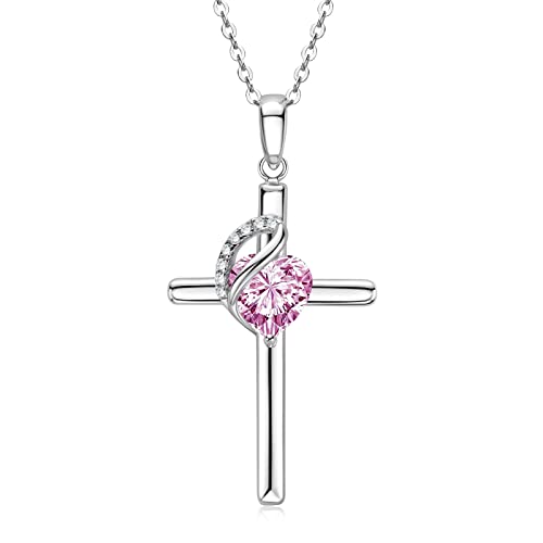 AINUOSHI Kreuz Kette Damen Silber 925 Geburtsstein Halskette Mit Herz Anhänger Zirkonia Kreuzkette Silberkette Schmuck Geschenke Für Frauen