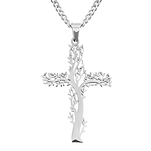 Flongo Kreuz Halskette Lebensbaum Kreuz-Anhänger Herren Halskette Damen Halskette aus Edelstahl Silber Kette Kreuz Lebensbaum Halskette Elegante Accessoires für Männer und Frauen