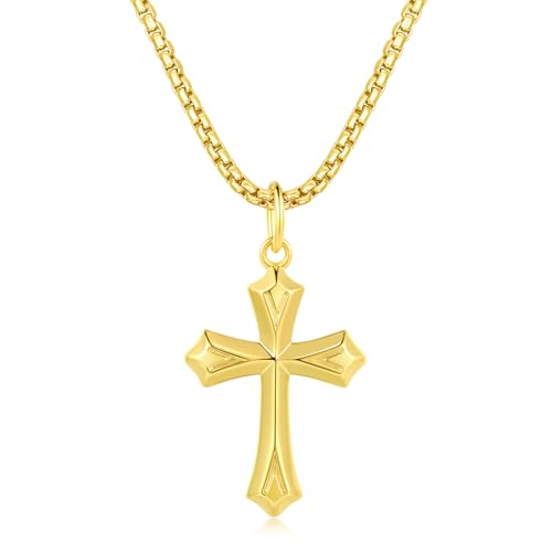 FANCIME 925 Sterling Silber Gelb Gold Vergoldet Kreuz Anhänger Gotisch Poliert mit Edelstahl Kette für Herren Jungs Kinder - Kettenlänge: 60 cm