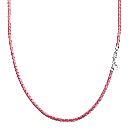 Viwind Echt leder Halskette 2.9mm breit geflochten Lederkette Lederband 45-65cm wählbar 925 Sterling Silber Vers chluss Damen Herren für DIY Anhänger braun schwarz rosa (65cm, Rot-Rosa)