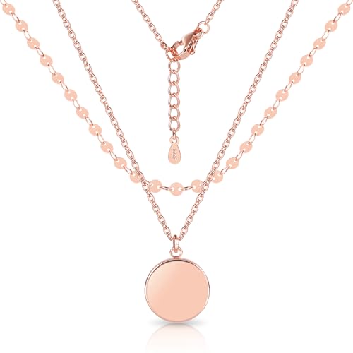 Ketten Roségold Halskette für Damen, Premium Sterling Silber 925 ketten Roségold Stapelbare Doppel Layering Ketten Halsketten mit Coin Wasserfest Runden Anhänger Boho Ketten Schmuck für Damen Frauen