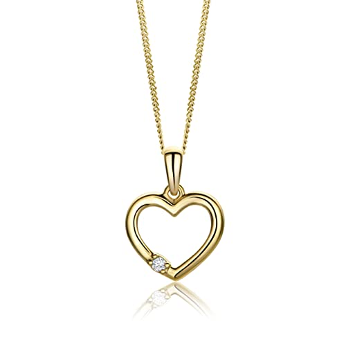 MIORE Diamant Schmuck Damen Herz Halskette mit Anhänger 0,02 Ct Solitär Diamant in Krappenfassung Klassische Kette aus Gelbgold 9 karat / 375 Gold, 45 cm lang