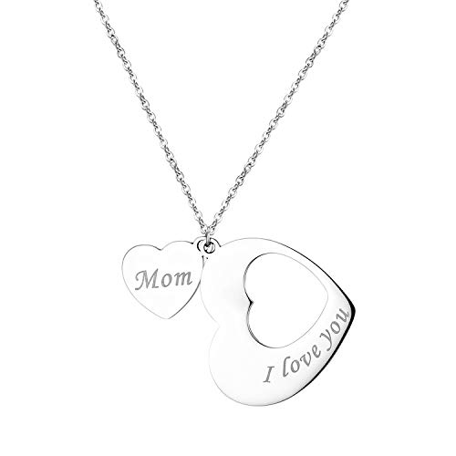 JewelryWe Mutter Tochter Halskette Damen: Edelstahl Doppelte Herz Anhänger mit Gravur I Love You Mom 20 Zoll Kette Silber Geschenk für Frau Mama Muttertag