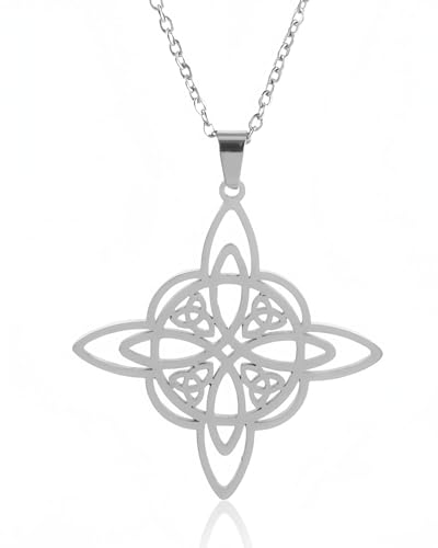 AORHOFJ Halskette Hexenknoten Edelstahl Anhänger Celtic Dreifacher Mond Pentagramm Stempel Erzengel Talisman Schutz Heilige Geometrie Metatron ，kette damen，pandora kette，halskette damen