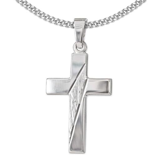 CLEVER SCHMUCK Set Silberner Anhänger Kreuz 21 mm glänzend und quer diamantiert Gemustert und Kette Panzer 45 cm Sterling Silber 925 im Etui