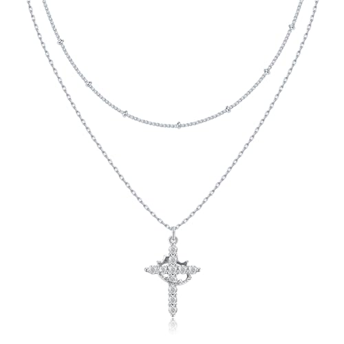 Yeomju Kreuzkette mit Zirkonia-Anhänger, 1 Stück zarte Halskette, 14k Gold überzogene Silberkette mit kleinem Kreuz-Anhänger für Männer, Damen Schmuck (Silber)