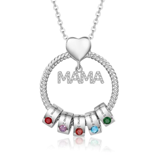 Kette Damen Geschenke für Mama - Personalisierte MAMA Kette mit 1–5 Namen Halskette Schmuck Charms Anhänger für Mutter Tochter Zum Geburtstag Weihnachten Muttertag (Silber-5 Namen 5 Geburtssteine)