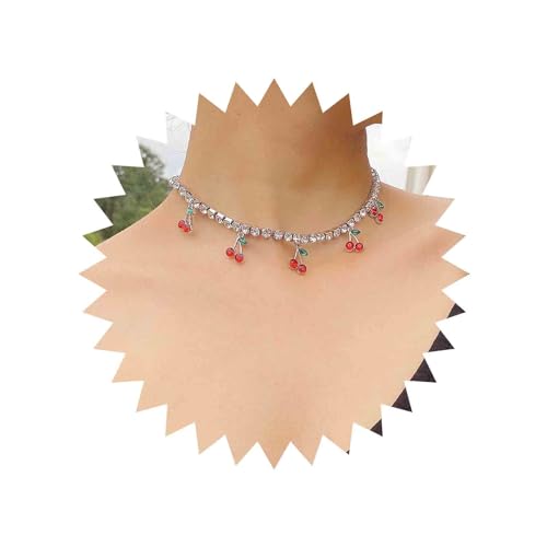 Yienate Kristall Kirsche Choker Halskette Kette Vintage Strass Choker Silber Kirsche Obst Anhänger Halskette Hochzeit Brautjungfern Kurze Strass Tennis Kette Choker Schmuck Für Frauen Und Mädchen