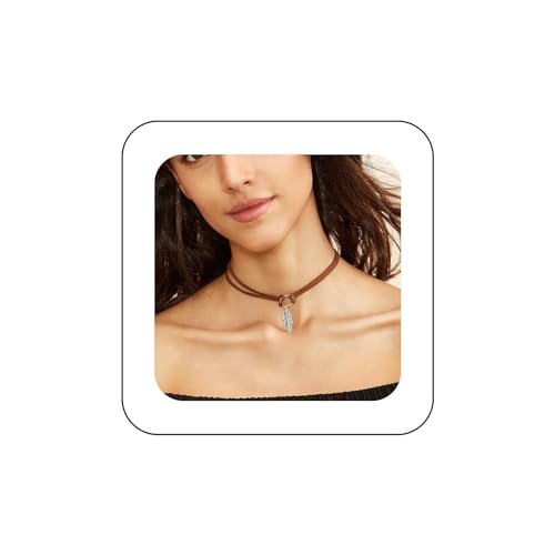 Yienate Boho Geschichteten Braunen Samt Choker Halskette Vintage Silber Feder Anhänger Halskette Choker Gothic Geschichteten Leder Seil Kette Gestapelt Wildleder Feder Choker Halskette Für Frauen