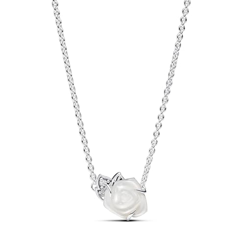 PANDORA Moments Weiße blühende Rose Collier-Halskette aus Sterling Silber mit künstlichem Perlmutt, Größe 45cm, 393206C01-45