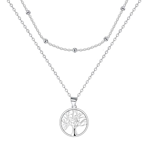 J.MUEN 925 Sterling Silber lebensbaum Anhänger Halskette mit Geschichtete Kette, Damen alles Gute zum Geburtstag Geschenkideen,Schmuck Für Frauen Und Mädchen