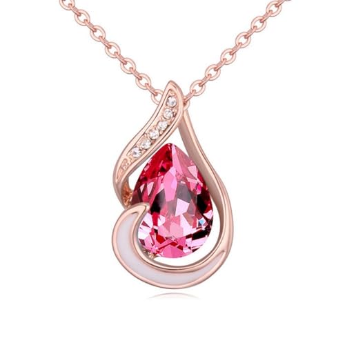 Bungsa Kette PINK TEAR Damenkette rotgold farben 45cm - offener Anhänger mit fuchsiafarbenem KRISTALL in Tropfen Form & klarem Strass - Halskette Frauen rosa - necklace red gold crystals pink