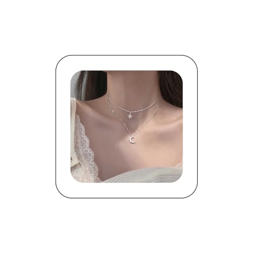 Yienate Boho Geschichtet Stern Mond Choker Halskette Kette Silber Mondsichel Oktagramm Stern Anhänger Halskette Funky Strass Mond Halskette Stern Choker Gestapelt Halskette Schmuck Für Frauen