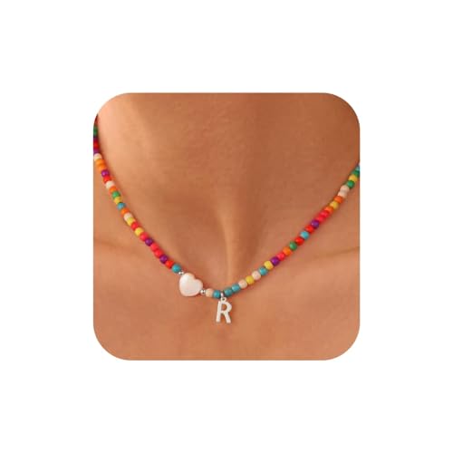 TINGN Boho Kette, Bunte Perlenkette, Silber Kette Damen Kette mit R Buchstaben, Halskette Damen, Kette Silber, Statement Kette, Geschenke für Frauen, Geschenk Frauen Geburtstag