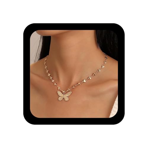 Yienate Punk Schmetterling Herz Halskette Vintage Gold Große Schmetterling Anhänger Halskette Hip-Hop Aussage Herz Choker Halskette Kette Rock Schmetterling Halskette Charme Schmuck Für Damen