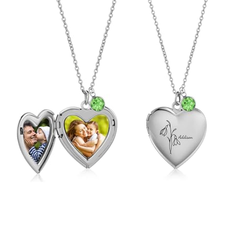 kaululu Personalisierte Foto Medaillon Halskette für Frauen Kette Damen mit Geburt Blume Namen Geburtsstein Anhänger Halskette für Mama Oma Schmuck Geschenke (Silber)