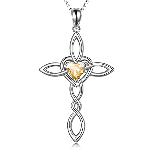 YAFEINI Kreuz Kette Sterling Silber Keltisch Herz Unendlichkeit Anhänger Halskette Schmuck für Damen Mädchen (Kreuz Halskette-November Geburtsstein)