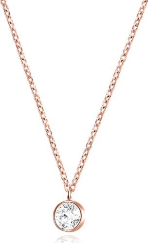 day.berlin Halskette Stone in Rosegold, 18k vergoldet mit kleinem Zirkonia Kristall Anhänger (6mm), feine Edelstahl Kette 45+5cm variable Länge, nickelfrei und wasserfest