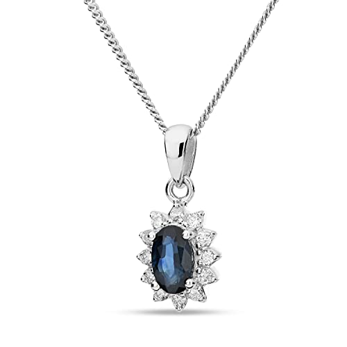 MIORE Schmuck Damen 0.07 Ct Diamant Kette mit Anhänger Blume aus Edelstein Geburtsstein natürlicher ovaler blauer Saphir mit 12 klassische Kette aus Weißgold 9 Karat 375 Gold, 45 cm lang