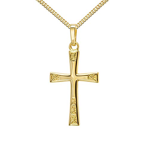 JEVELION Goldkreuz Kreuz-Anhänger mit Panzer-Kette vergoldet für Damen, Herren und Kinder in hochglanz poliert mit Ornamentverzierungen als Kettenanhänger 585 Gold 14 Karat + Schmuck-Etui