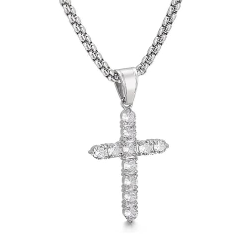 VOKMEMC 1 Stück Kreuz Kette Anhänger Halskette Mit Silberkette Für Herren Damen Männer Iced Out Ketten Kreuzkette Hip Hop Schmuck Personalisierter Ostern Geschenk