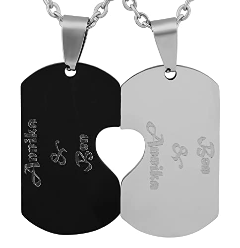 Hanessa 2 Stück Personalisierte Kette mit Gravur Edelstahl 50 cm mit Anhänger Dog Tag Herz in silber schwarz - Personalisierte Geschenke für Damen Herren Freundin Freund - Partner Halskette Sie Ihn