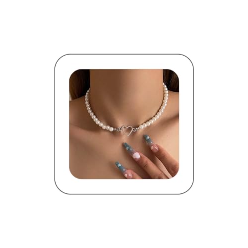 Yienate Boho Perlen Choker Halskette Kette Silber Herz Anhänger Halsketten Hochzeit Brautjungfern Weiß Zierliche Perle Choker Barock Perlenstränge Kette Schmuck Für Frauen Und Mädchen